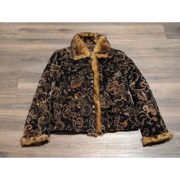 Black Rivet Jackets & Blazers - Black Rivet Womens M Corduroy Faux Fur Trim Paisley Trucker Jacket Brown Black